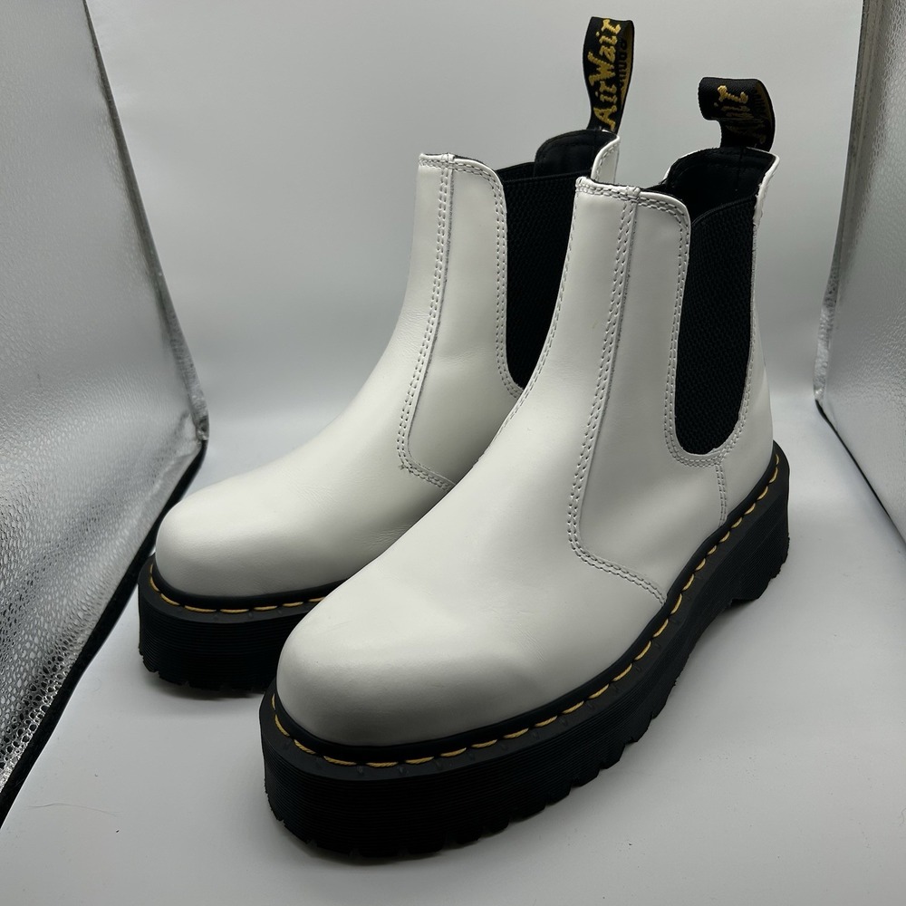 Dr Martens Boots Women 9 White Leather 2976 Quad Chelsea Platform Lug Sole Shoes